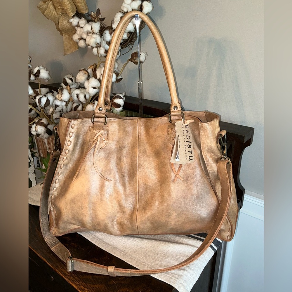 NWT Bed Stu Leather Rockaway Shoulder Bag Crossbody Tote Taupe Driftwood $345 - Picture 1 of 11